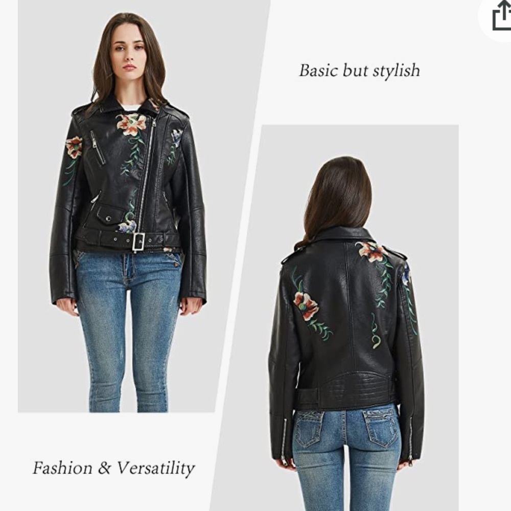 Biker NWOT Black faux leather floral asymmetric Moto biker jacket M - Picture 7 of 7